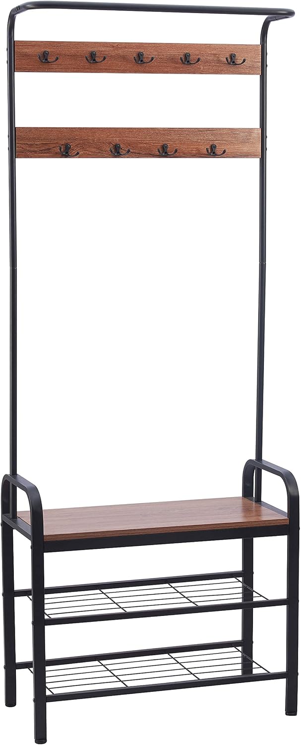 hallway storage bench for shoes on Ogrmar Vintage Coat Rack Shoe Bench 3 In 1 Design Wood Look Accent Furniture Metal Frame Hall Tree Entryway Storage Shelf Home Kitchen Coat Racks