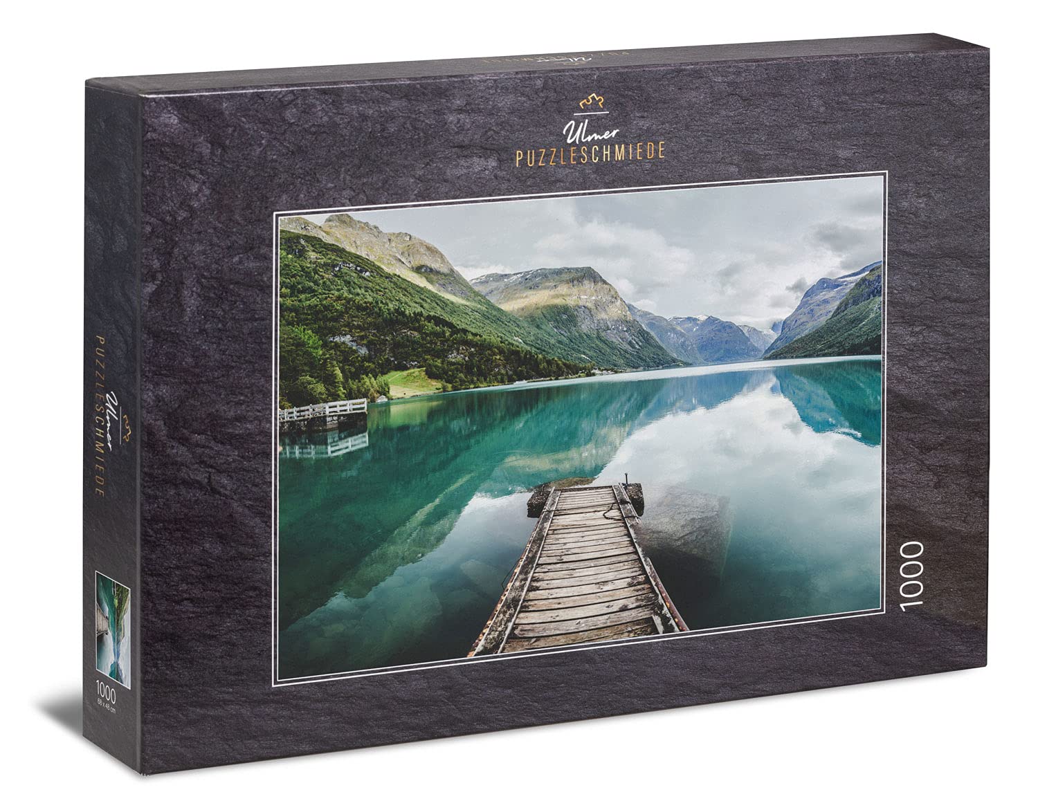 Ulmer Puzzleschmiede - Silent Norway Puzzle - Classic 1000 Piece Puzzle - Wooden Bridge protrudes into the silent water of Lovatnet Lake, a Glacier Lake near the Geiranger Fjord in Norway