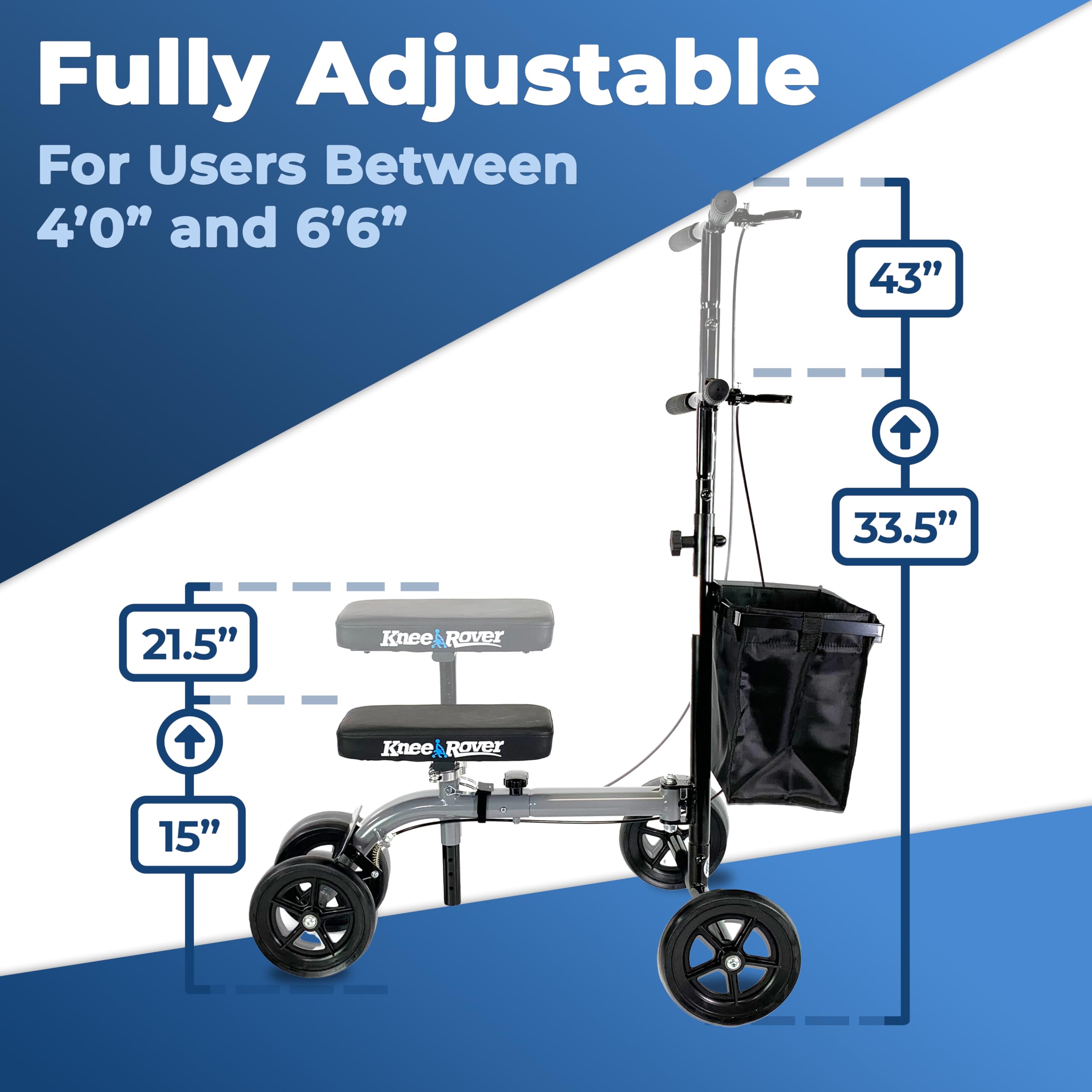 KneeRover Ultra Knee Walker Lightweight Economy Steerable Knee Scooter for Adults for Foot Surgery Broken Ankle Foot Injuries - Knee Rover Scooter for Broken Foot Injured Leg with Basket Gray