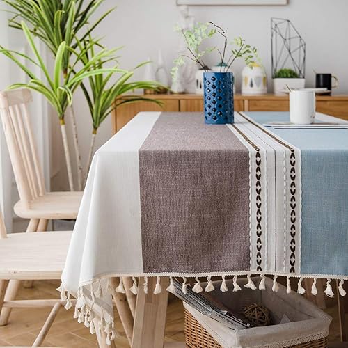 Table Cloth Rectangular 140x180 Wipe Clean Tablecloth Cotton Linen Tassel Table Cloth Country Style Blue for Kitchen Dining Table Decorations - 55x70