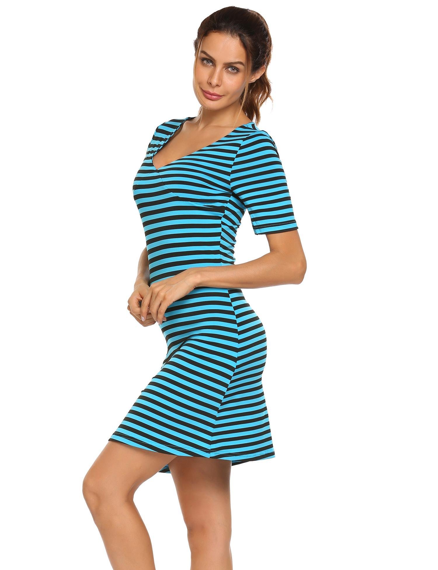 ACEVOG Damen Sommer kleid Casual V-Ausschnitt Kurzarm Streifen Shirt Jerseykleid Minikleid