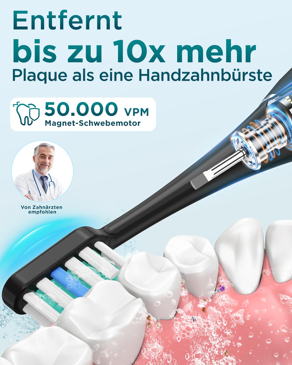 Elektrische Zahnbürste für Erwachsene und Kinder - Schallzahnbürste, Electric Toothbrush mit 8 Bürstenköpfen (3 Typen), 90 Tagen Akkulaufzeit, 5-Modi, 50000VPM, Reiseetui, Timer 2