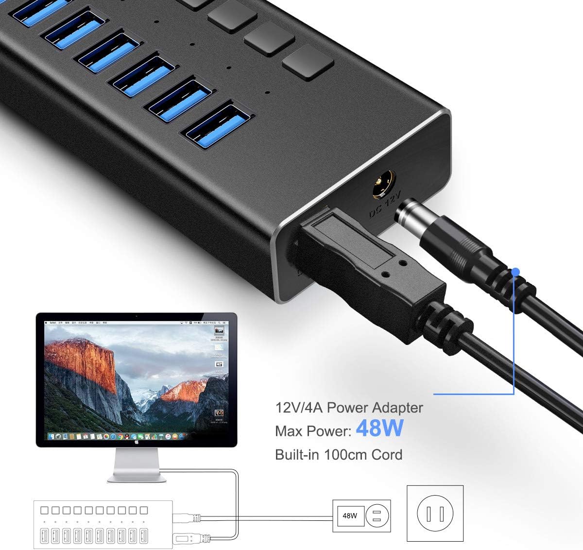 Powered USB Hub - AGEEN 10 Port 48W USB 3.0 Data Hub Expander - with Individual On/Off Switches and 12V/4A UL Certified Power Adapter for Laptop, PC, Computer, Mobile HDD, Flash Drive and Travel: Computers & Accessories