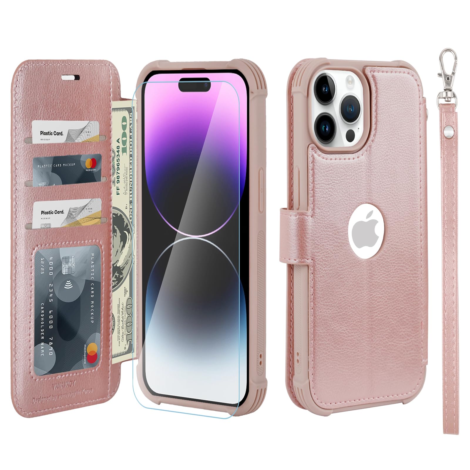 VANAVAGY Compatible for iPhone 14 Pro Wallet Case, 12ft Drop Protection, RFID Blocking PU Leather Flip Cover, Card Holder & Kickstand, Shockproof Phone Case for 14 Pro-6.1 Inch,Rose Gold