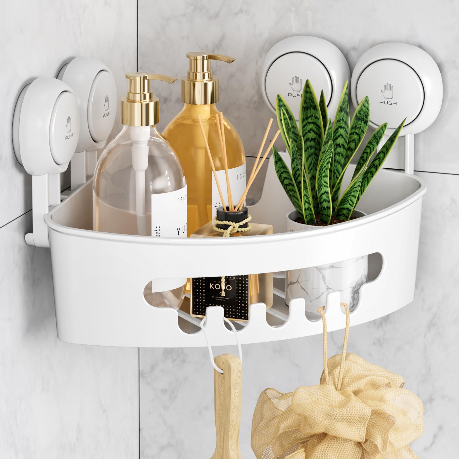 LEVERLOC Corner Suction Shower Caddy Bathroom Storage Basket No-Drilling Rust Free Removable Waterproof Shower Shelf Shampoo Organizer for Room Kitchen Toilet Tiles