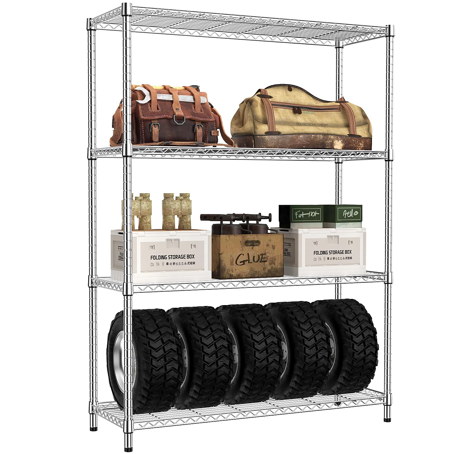 IZEUK 4-Tier Adjustable Heavy Duty Metal Wire Shelving Unit, Wide Storage Rack Organizer for Garage, Kitchen, Office, Dorm, Warehouse (Silver, 15.8" D x 45.8" W x 59.4" H, 1400 lbs Capacity)