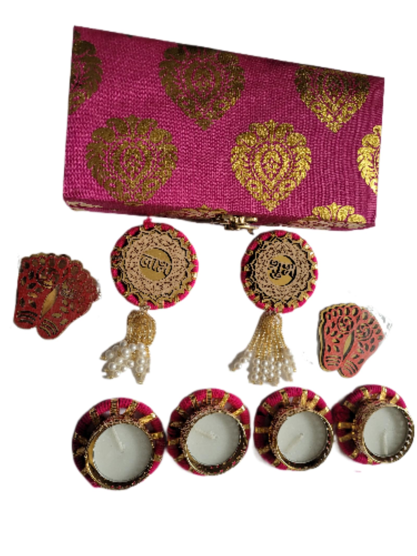 Estationeryhouse 4 Decorative Diya Tea Lights,2 x Lakshmi charan, shubh labh Set,Fancy Box Diwali Gift Set Indian Diwali Festival (Hot Pink)