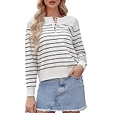 Totatuit Women's Half Button Down Striped Sweaters 2024 Long Sleeve Casual Pullover Sweaters Crewneck Knit Tops