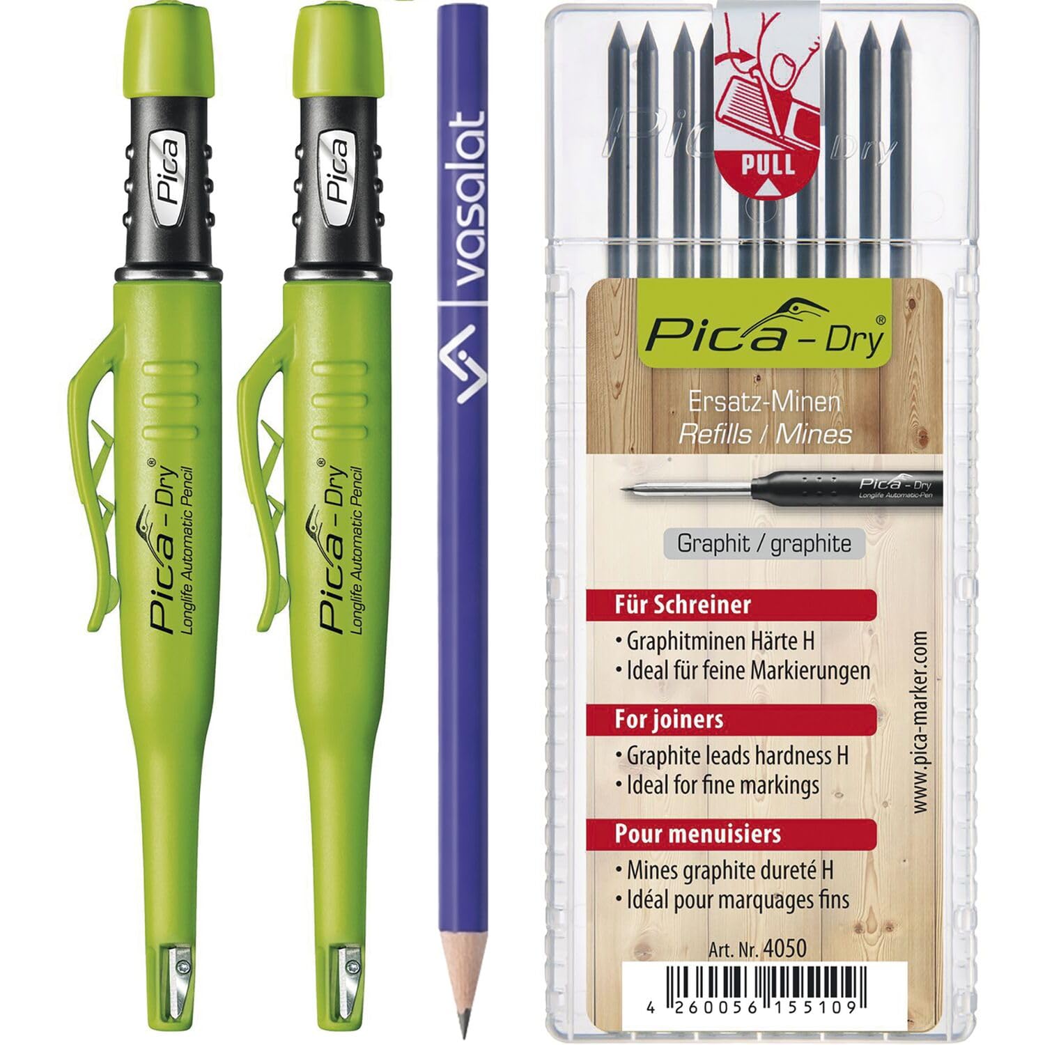 vasalat Pica Pen Automatic with 10 Graphite Leads H - for Marking Lead Pen, Set of 3