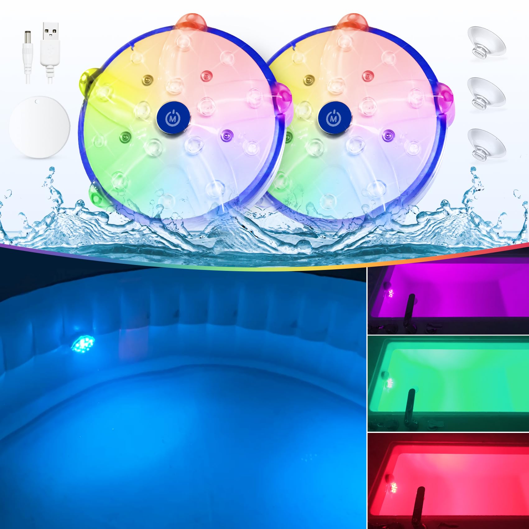 DeeprBlu Rechargeable Floating Hot Tub Lights, Color Changing Submersible LED Bath Spa Lights, Underwater Waterproof Floating Light for Pool, Bathtub Light with Built-in Magnet|Suction Cups