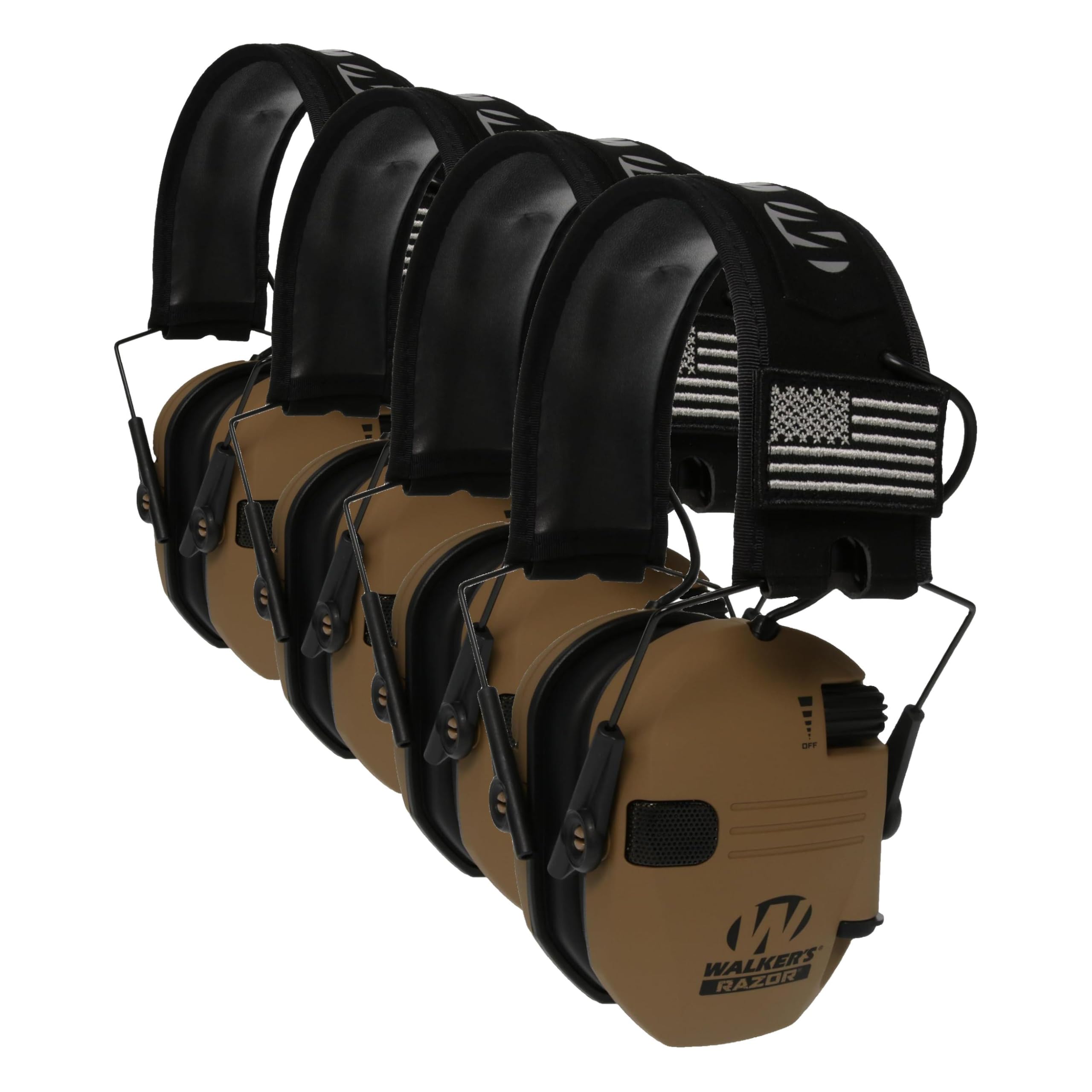 Walker's Razor Slim Ultra Low Profile Compact Design Adjustable Range Shooting Hunting Hearing Protection Electronic Earmuffs, Battle Brown - Patriot Series (Pack of 4) Image
