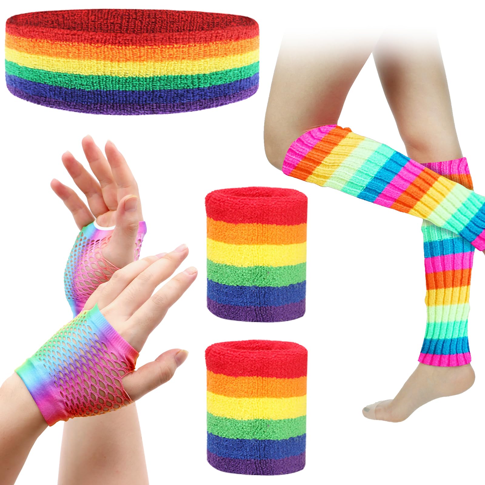 SPOKKI Leg Warmers Fishnet Gloves Headband Wristbands Neon Set, 80s Women Fancy Dress Costume Accessories, 1980s Retro Theme Party Costumes (Rainbow)