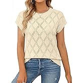 SHEWIN Womens Tops Crewneck Cable Knit Short Sleeve Sweater Loose Lightweight Blouses Dressy Casual Pullover Sweaters Top