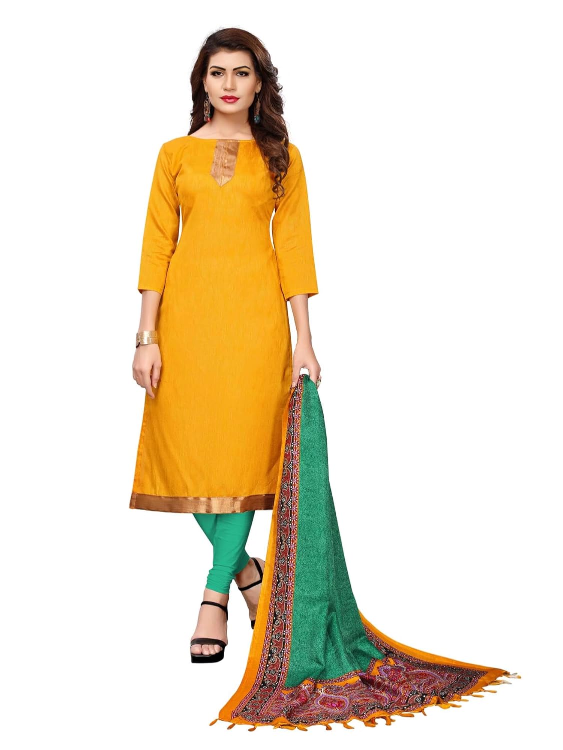 applecreation women's silk dress material(3006_yellow_free size)