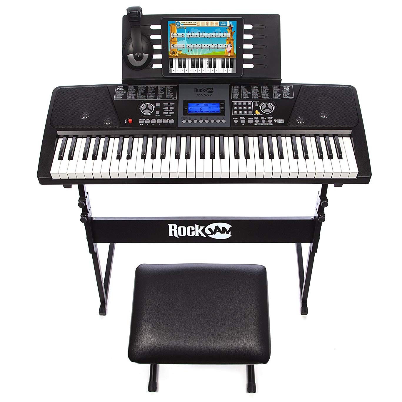 RockJam Kit de piano con teclado de 61 teclas con soporte, taburete, auriculares, pegatinas de notas clave y lecciones
