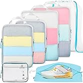 PFEYRPK Lightweight Compression Packing Cubes for Suitcases, Compressible Expandable Travel Packing Organizer with Clear Toiletries and Backpack Bag, Travel Essentials for Carry on Luggage 7 Set