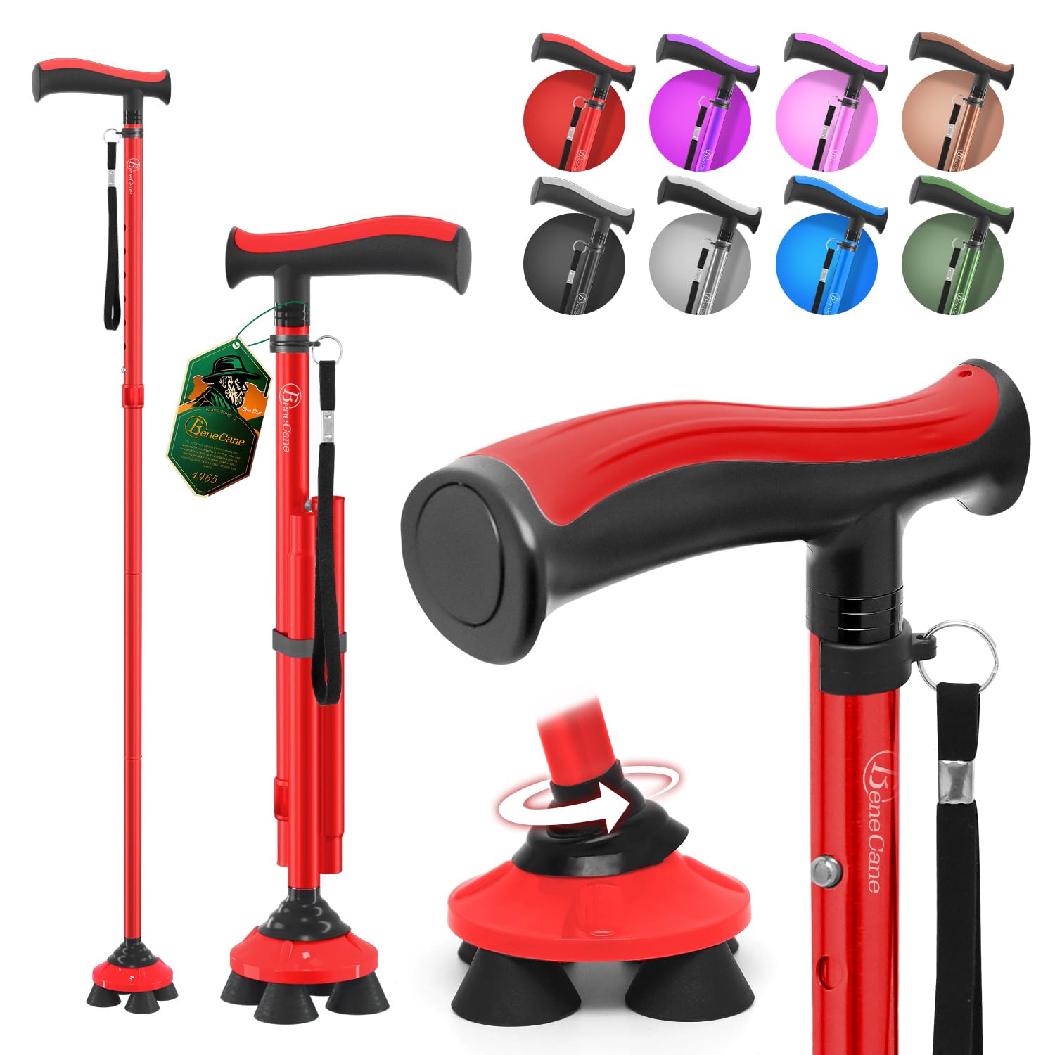 BeneCane Walking Cane for Men & Women Walking Stick for Seniors Folding Canes Quad Cane Adjustable Lightweight Sturdy Free Standing Collapsible Heavy Duty with Soft TPR T-Handle and Travel Bag