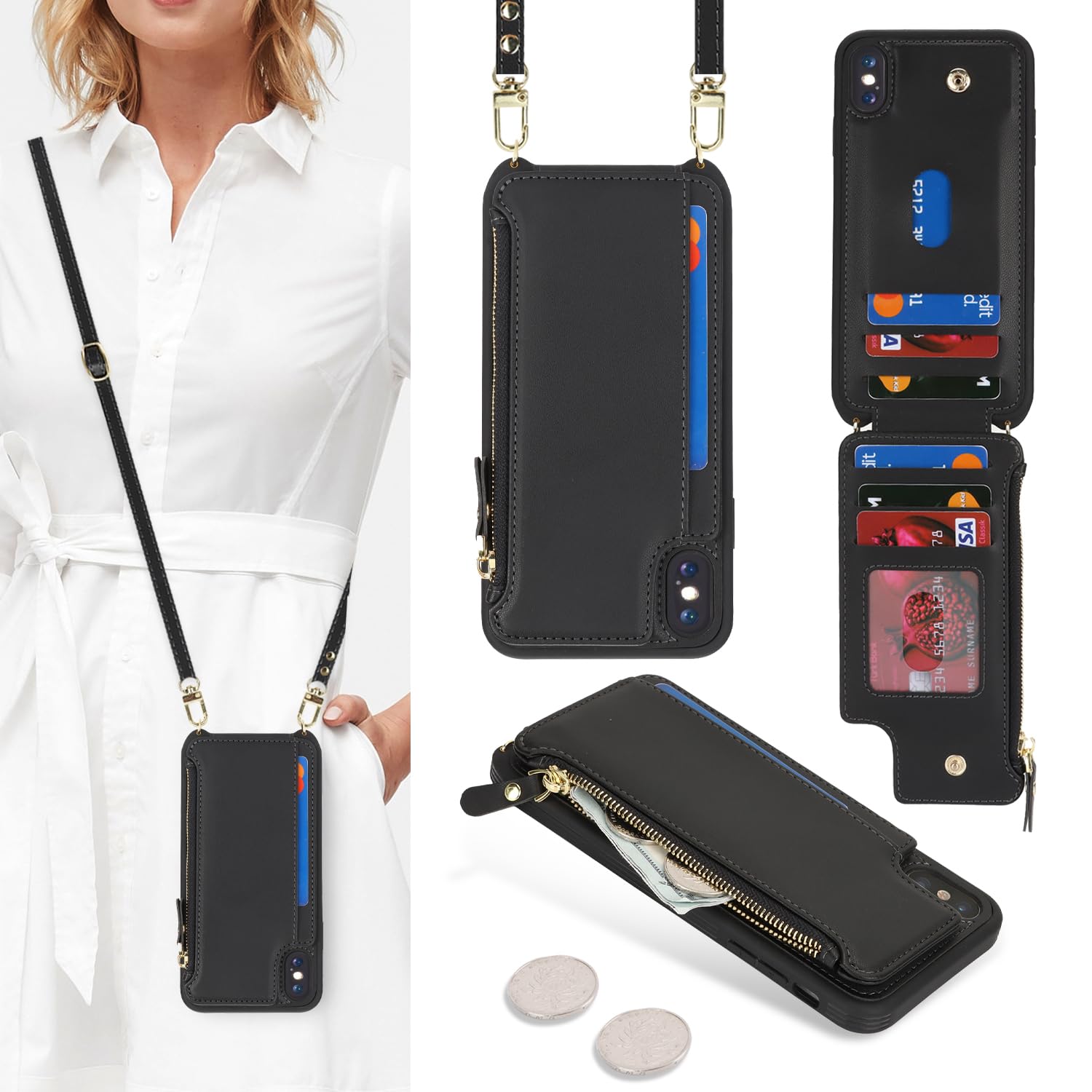 SailorTech for iPhone XS Max Phone Case with Credit Card Holder for Women, iPhone XS Max Leather Case Wallet Crossbody with Credit Card Slots Zipper Shockproof Case for Men - Black — image 1