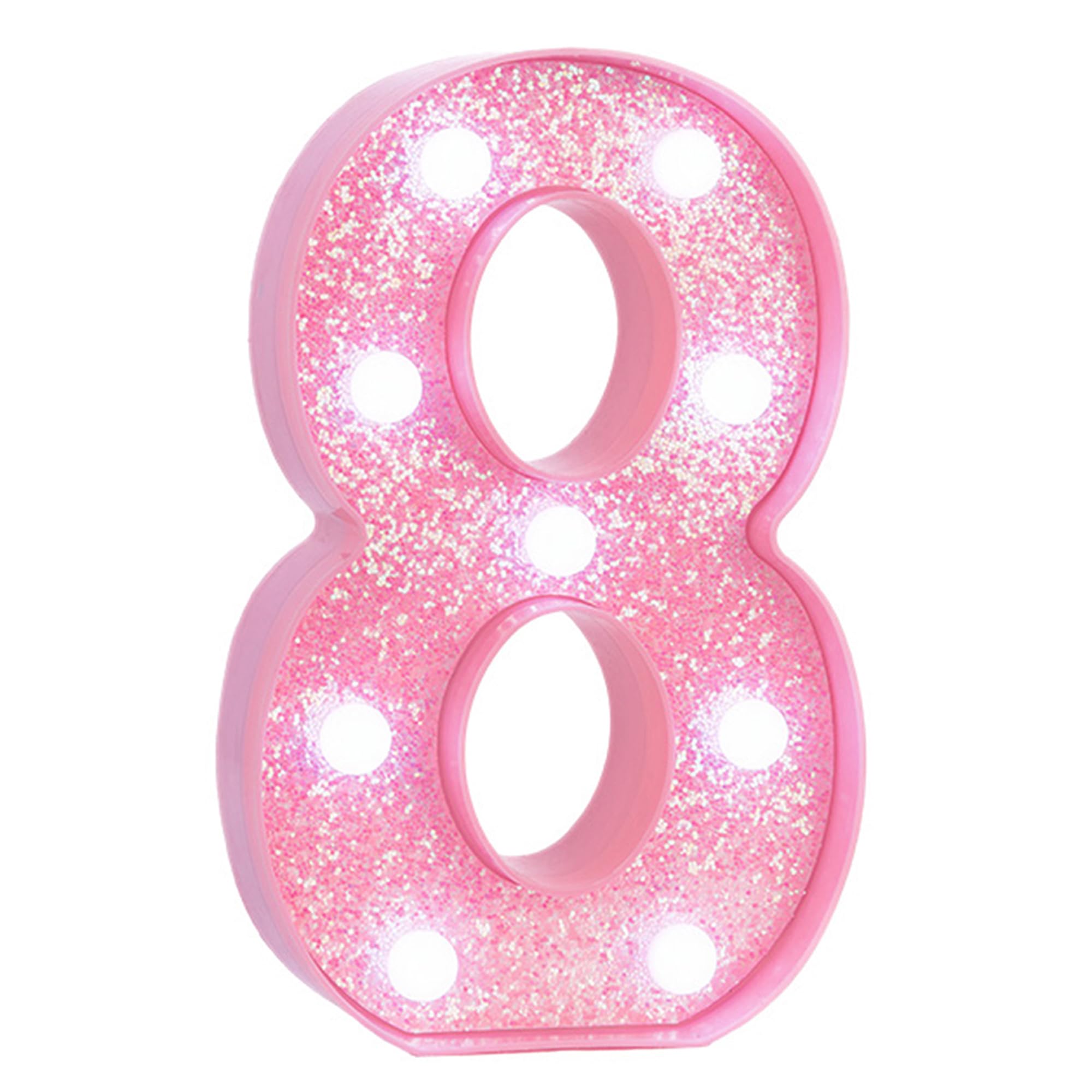 Photo 1 of eufony Pink LED Light Up Marquee Numbers, Glitter Lighted Numbers Signs Battery Operated for Girls 8th 18th Birthday Party Decorations, Pink Room Table Top Wall Decor, Number 8 with Cool White Lights