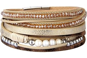 AZORA Leather Wrap Bracelets for Women Goldplated Metal Crescent Cuff Bracelet with Magnetic Buckle Casual Bohemian Wrist Bangle Jewelry Gift for Ladies Sister Mum