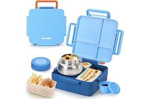 Norxely Bento Box for Kids with Thermos, [Large Capacity] Insulated Lunch Box Kids with 4 Compartment for Ages 3+, Drop-Proof & Dishwasher Safe Lunchbox Container Blue