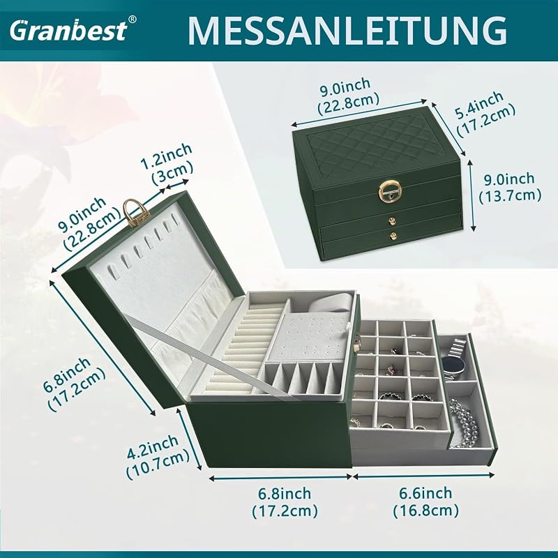 3 Schichten Schmuckkästchen mit 2 Schubladen, Elegante Schmuckkasten, Leder Schmuckbox Ideal für Halsketten, Armbänder, Ringe und Ohrringe (Dunkelgrün) — Foto 6 von 7