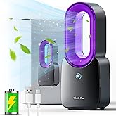 Misby Rechargeable Desk Fan, 5-color LED Light Bladeless Table Fan of 11.8 Inch, Purple Desk Fans Small Quiet for Bedroom, Home, Office