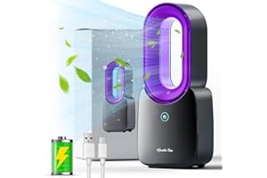 Misby Rechargeable Desk Fan, 5-color LED Light Bladeless Table Fan of 11.8 Inch, Purple Desk Fans Small Quiet for Bedroom, Home, Office