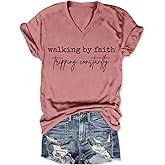 Dicosky Walking by Faith Tripping Constantly T-Shirt for Women,Humorous Inspirational Saying Graphic Tee, V Neck Casual Top