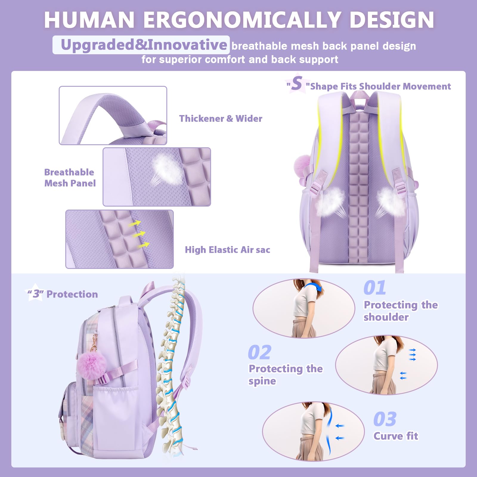 Girls Backpack for School, Kawaii Bookbag for Teen Multiple Pockets Kids Backpack for Primary Elementary Middle School, Age 6-14,Purple