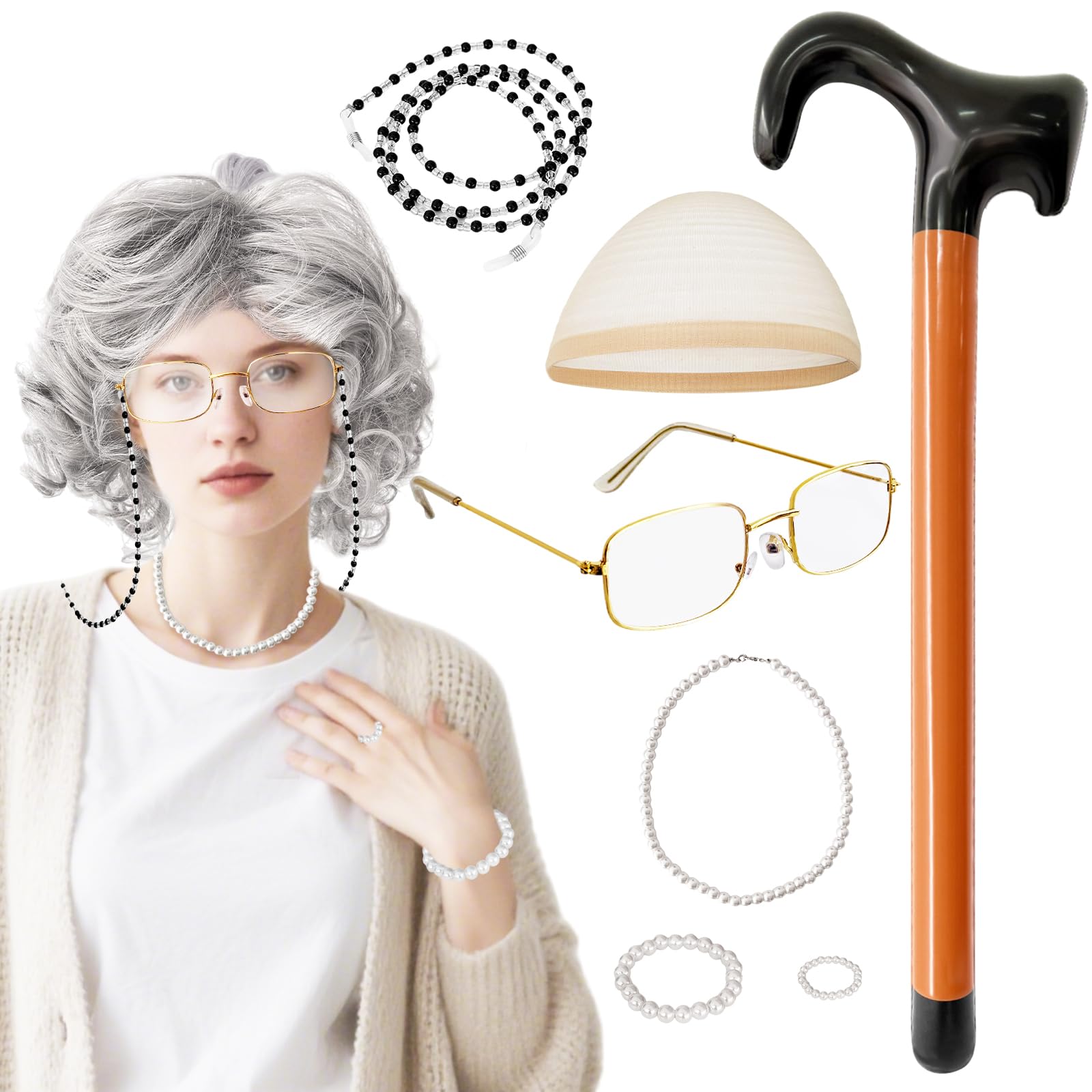 Photo 1 of Jnnzzggu 8Pcs Old Lady Wig Set,Grey Wigs for Women,Old Lady Costume with Grandma Wig for Halloween,Party,Cosplay, 100 Days of School Costume