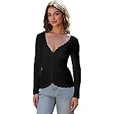 Homepeaz Cardigan for Women Cropped Lightweight V Neck Ribbed Going Out Tops Button Down Shirts Lace Trim Long Sleeve Tops