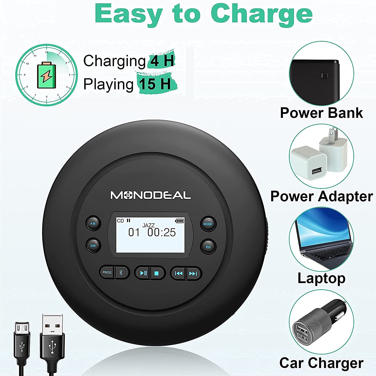 CD Player Portable, MONODEAL Bluetooth CD Player, Rechargeable Compact Small Player with Headphones for Car and Personal Use