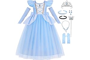 Luzlen Cinderella Costume for Girls Kids Blue Princess Dress with Accessories Halloween Birthday Party Outfits