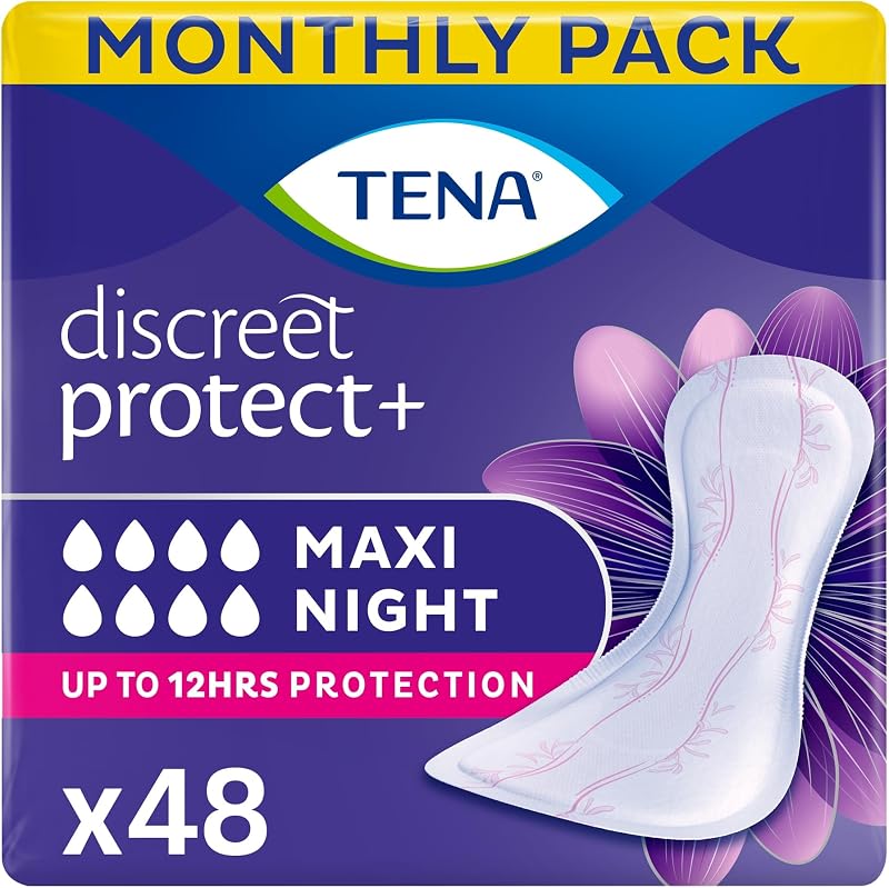 TENA Discreet Maxi Night Incontinence Pads Women 48 Count 8x6 Pack