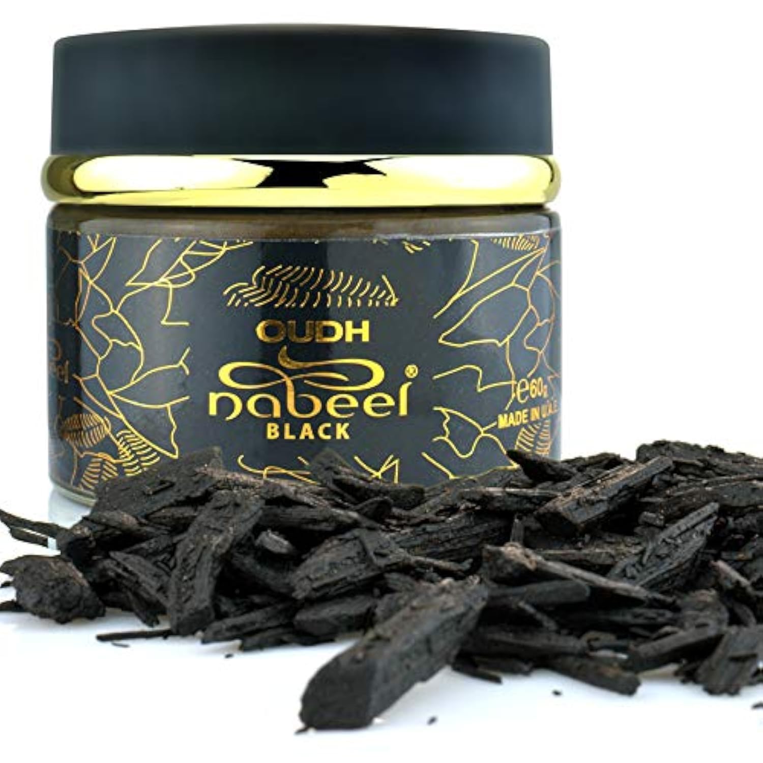 Oudh Nabeel Black Incense Bakhoor 60g – Luxury Arabic Scented Wood Chips – Exquisite Aroma with Floral & Woody Notes – Gift Jar + JRose Trolley Coin Keychain