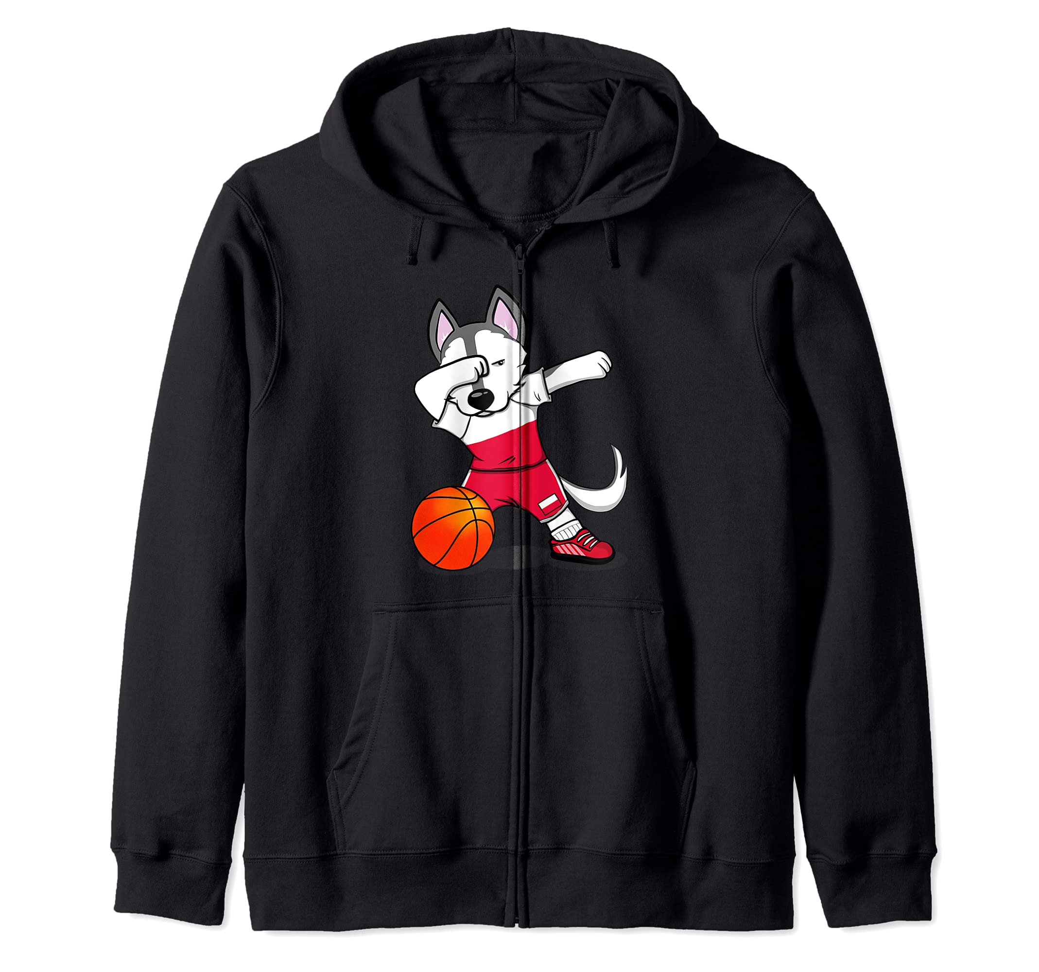 Dabbing Husky Dog Poland Basketball Fans Jersey Polish Flag Zip Hoodie
