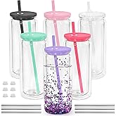 Icesip 20oz Plastic Snow Globe Tumblers, 6 Pack Acrylic Double Wall Tumbler with Lids and Straws, Acrylic Snowglobe Cups with Pre Drilled Hole for Snow Globe Glitter DIY