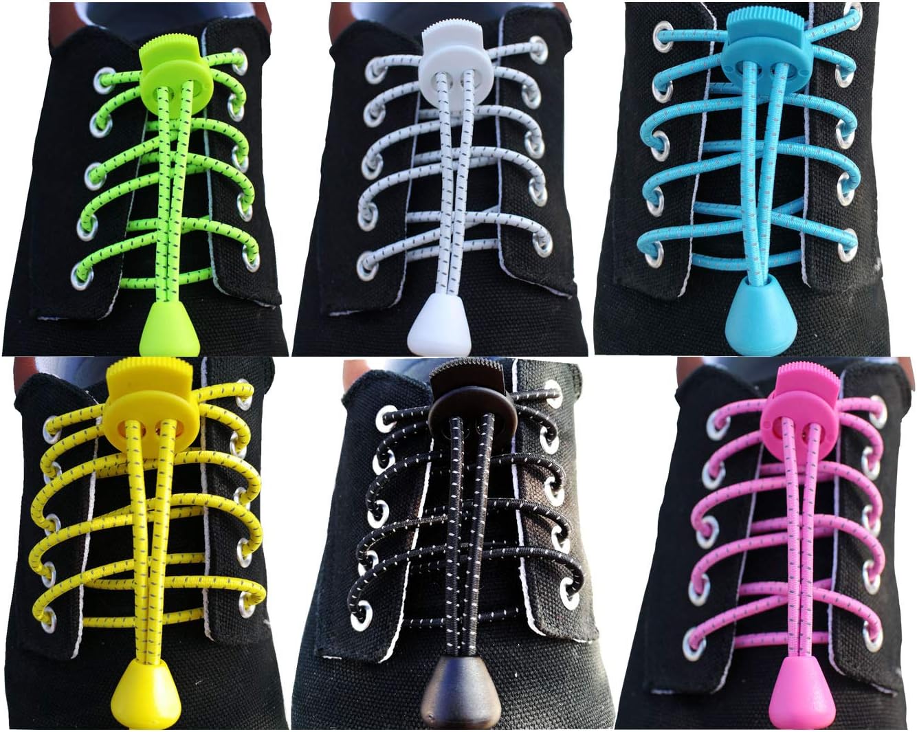 JESEP 6 Pairs of No Tie Elastic Shoelaces for Sports and Outdoor Activities, Elastic and Reflective Laces with Lock