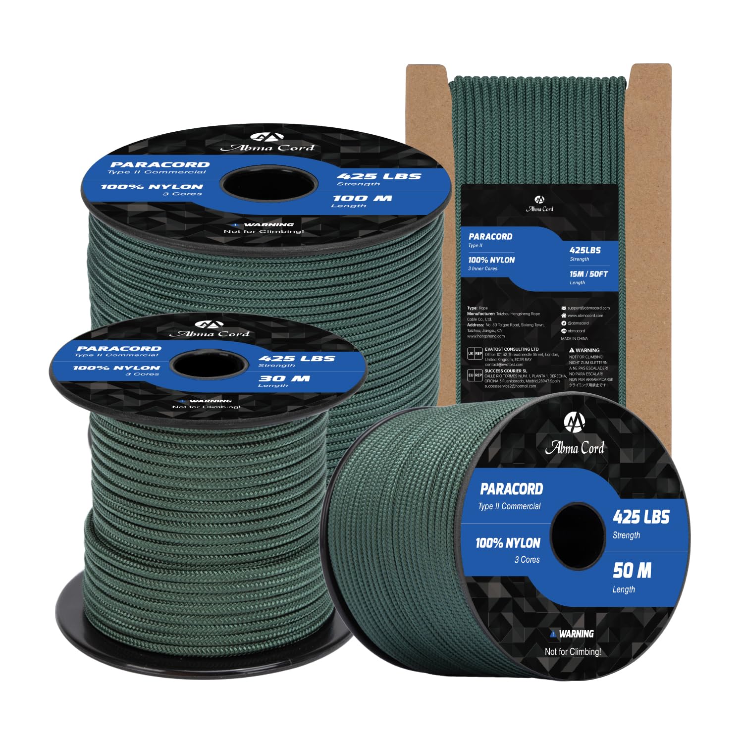 Abma Cord Paracord 3mm 30m 100% Nylon Rope Type II 3 Strands Parachute Cord - Max. 192kg (425lbs) - Dark Green
