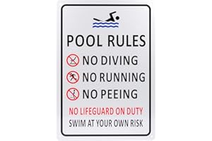 Kichwit Pool Rules Sign, Swim At Your Own Risk, No Diving, No Running, No Peeing, No Lifeguard on Duty, Aluminum Swimming Pool Safety Sign, Weather Resistant, 9.4 x 13.4 Inches, Silver