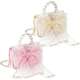 JJUNW 2 Pack Cute Crossbody Purse with Bowknot Shoulder Bag, Purse for Little Girls, Mini Toddler Crossbody Purses, Cute Fashion Princess Handbags with Pearl Handle Detachable Gold Chain