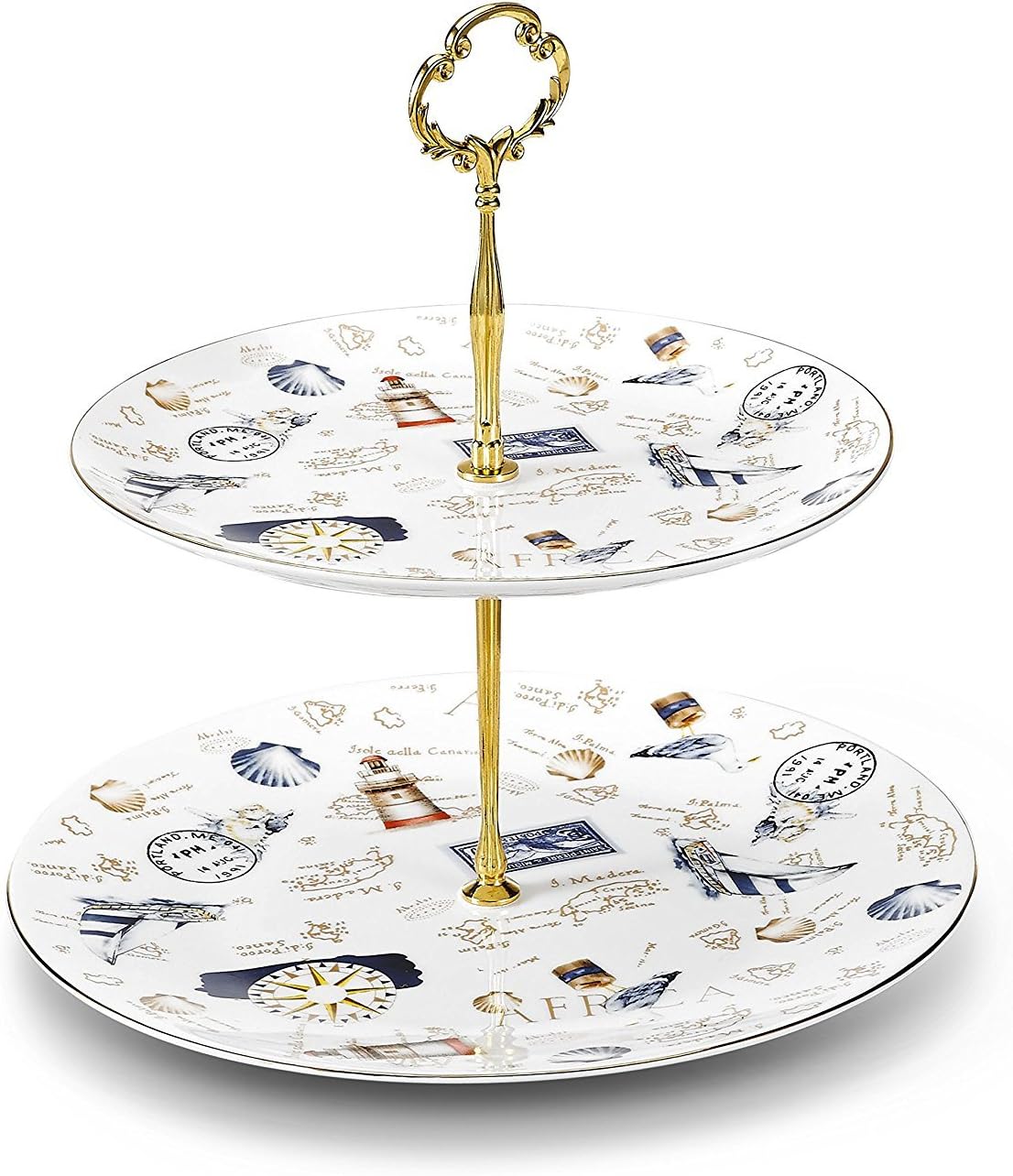TouchLife 2 Tier Porcelain Bone China Square Cake Plate Stand,White & Red,Height:10.3¡¨/Edge Length:8¡¨&10¡¨,White&Golden