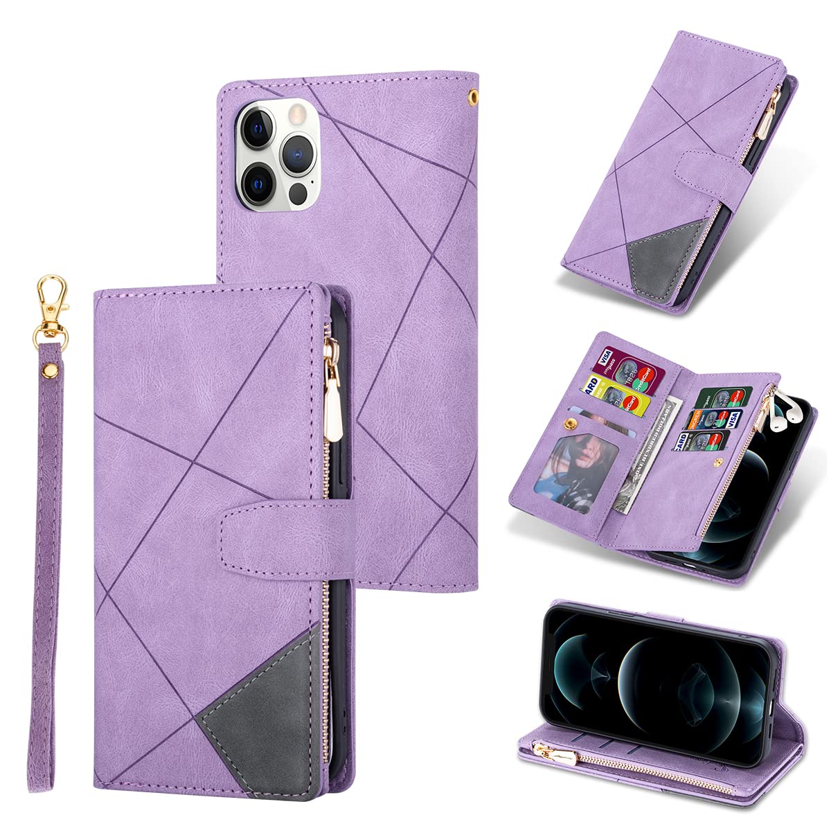 UEEBAI Wallet Case for iPhone 14 Pro Max 6.7 inch, Vintage Premium PU Leather Cover Flip Case with Card Slots Magnetic Closure Zipper Pocket Kickstand Handbag with Hand Strap - Purple