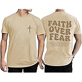Christian Shirts for Men Faith Over Fear Shirt Religious Cross T Shirts Vintage Bible Verse Graphic Tee Tops
