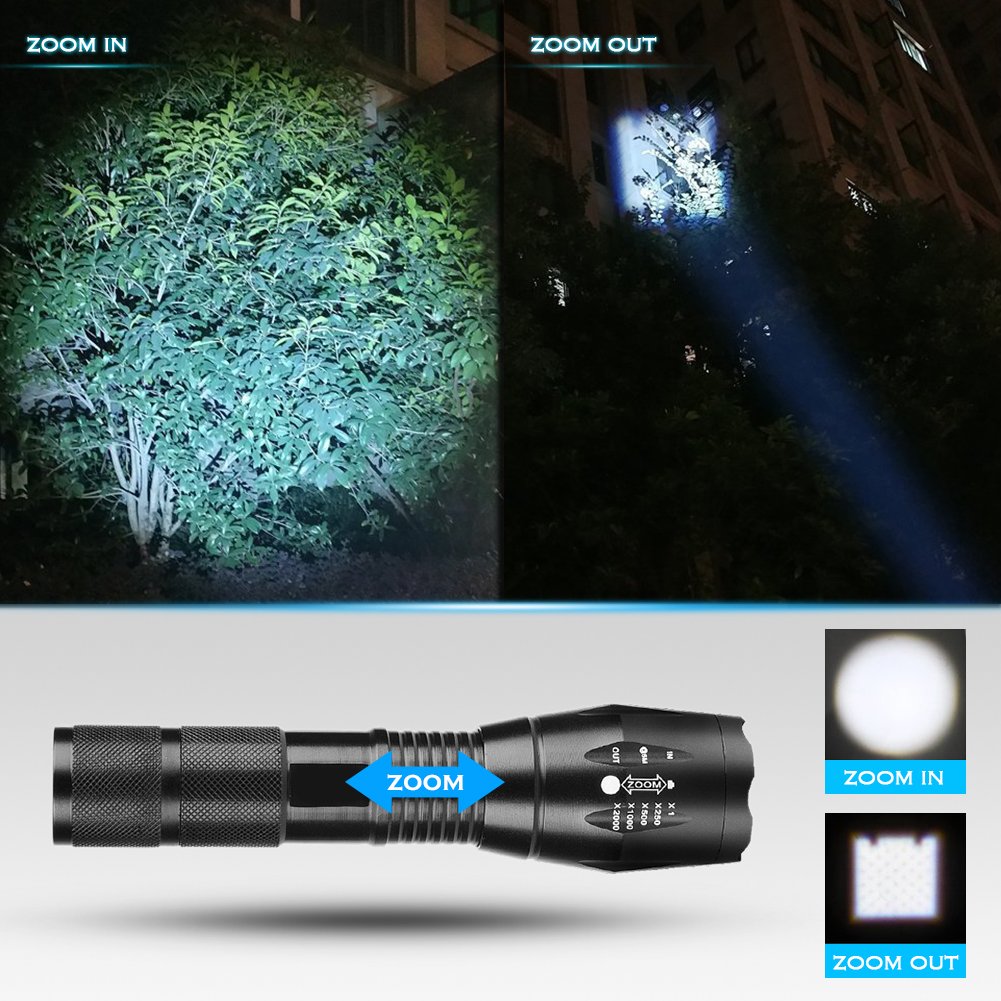 Power King Zoomable Adjustable Focus 5 Modes Flashlight LED Tactical Flashlight Rechargeable Waterproof Adjustable Military Tac Light