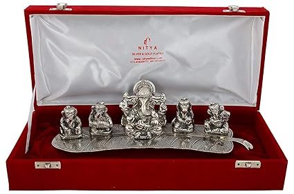 Exclusive Designer With Device Aluminum Silver Velvet Musical Ganesha With Velvet Box (11 x 3.5 x 2.75 inch, Silver)