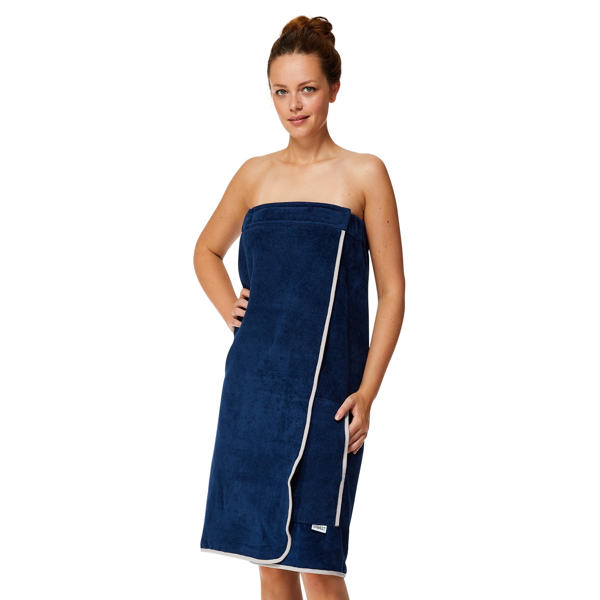 Sowel® Towel Wrap for Women, Wrap Around Towel with Hook and Loop Fasteners, Sauna Kilt, Sarong, 100% Organic Cotton, 80 x 130 cm, Navy/Grey