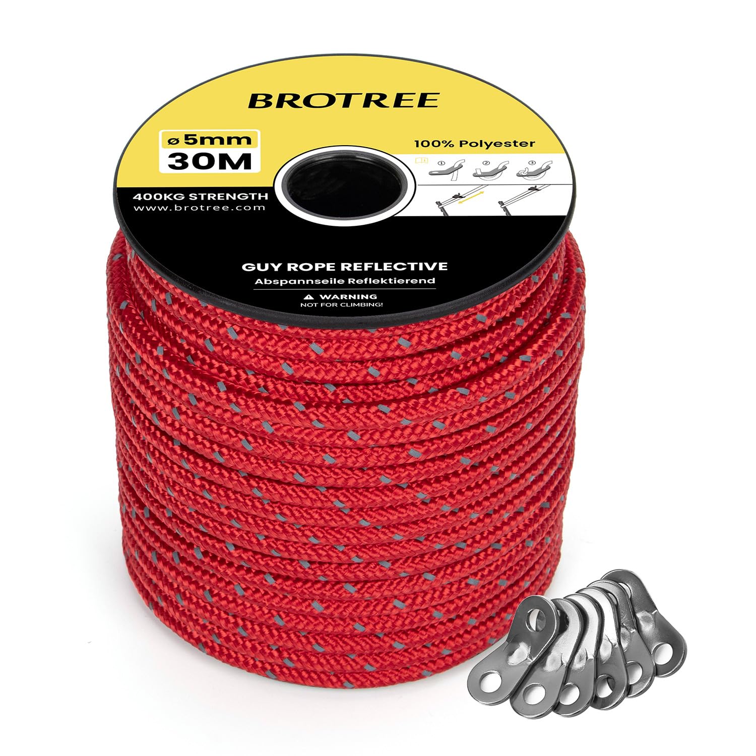 BROTREE Tent Guy Rope 5mm 30m Reflective Guy Line Heavy Duty Guide Rope with 6Pcs Aluminum Tensioners for Tent Gazebo Awning Camping (Red)