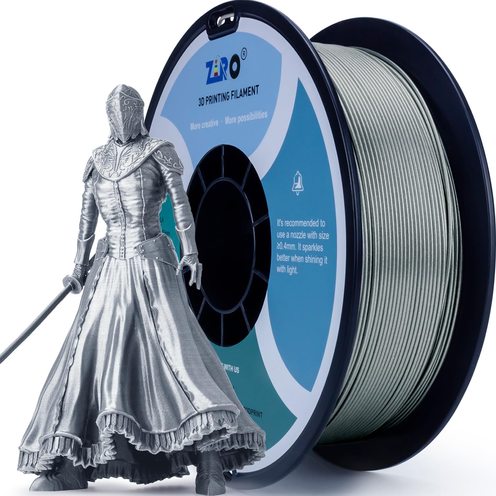 ZIRO PLA Glitter Filament 1.75mm, 3D Printer Filament PLA-Diamond Series 1.75 1kg (2.2lbs), Dimensional Accuracy +/- 0.03mm, Diamond Silver
